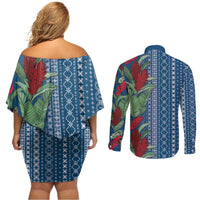 Women's Day Samoa Malu Tattoo Inspired Mix Teuila Couples Matching Off Shoulder Short Dress and Long Sleeve Button Shirt Royal Blue