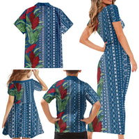 Women's Day Samoa Malu Tattoo Inspired Mix Teuila Family Matching Short Sleeve Bodycon Dress and Hawaiian Shirt Royal Blue