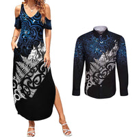 Maori Matariki Couples Matching Summer Maxi Dress and Long Sleeve Button Shirt Landscape Styled Fern - Galaxy