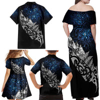 Maori Matariki Family Matching Off Shoulder Maxi Dress and Hawaiian Shirt Landscape Styled Fern - Galaxy