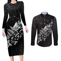 Maori Matariki Couples Matching Long Sleeve Bodycon Dress and Long Sleeve Button Shirt Landscape Styled Fern - Monochrome