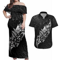Maori Matariki Couples Matching Off Shoulder Maxi Dress and Hawaiian Shirt Landscape Styled Fern - Monochrome