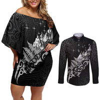 Maori Matariki Couples Matching Off Shoulder Short Dress and Long Sleeve Button Shirt Landscape Styled Fern - Monochrome