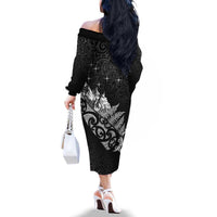 Maori Matariki Family Matching Off The Shoulder Long Sleeve Dress and Hawaiian Shirt Landscape Styled Fern - Monochrome