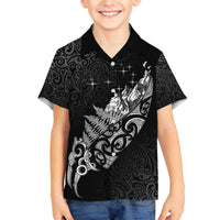 Maori Matariki Family Matching Off The Shoulder Long Sleeve Dress and Hawaiian Shirt Landscape Styled Fern - Monochrome
