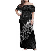 Maori Matariki Family Matching Off Shoulder Maxi Dress and Hawaiian Shirt Landscape Styled Fern - Monochrome