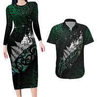 Maori Matariki Couples Matching Long Sleeve Bodycon Dress and Hawaiian Shirt Landscape Styled Fern - Paua Shell