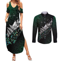 Maori Matariki Couples Matching Summer Maxi Dress and Long Sleeve Button Shirt Landscape Styled Fern - Paua Shell