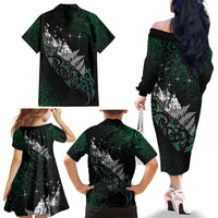 Maori Matariki Family Matching Off The Shoulder Long Sleeve Dress and Hawaiian Shirt Landscape Styled Fern - Paua Shell
