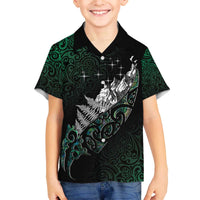 Maori Matariki Family Matching Off The Shoulder Long Sleeve Dress and Hawaiian Shirt Landscape Styled Fern - Paua Shell