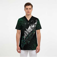 Maori Matariki Scrub Top Landscape Styled Fern - Paua Shell - Polynesian Pride