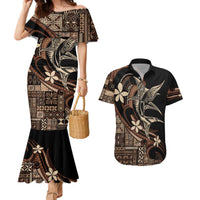 Samoa Manuia le Aso Tuto'atasi Couples Matching Mermaid Dress and Hawaiian Shirt Siapo Mamanu Mix Tatau Marlin