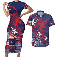 Samoa Manuia le Aso Tuto'atasi Couples Matching Short Sleeve Bodycon Dress and Hawaiian Shirt Siapo Mamanu Mix Tatau Marlin - Flag Color LT7 Blue - Polynesian Pride