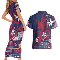 Samoa Manuia le Aso Tuto'atasi Couples Matching Short Sleeve Bodycon Dress and Hawaiian Shirt Siapo Mamanu Mix Tatau Marlin - Flag Color LT7 - Polynesian Pride