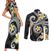 Kanaka Maoli Hawaii Plumeria Couples Matching Short Sleeve Bodycon Dress and Long Sleeve Button Shirt Dancing Tentacles Black Style