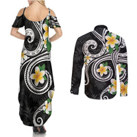 Kanaka Maoli Hawaii Plumeria Couples Matching Summer Maxi Dress and Long Sleeve Button Shirt Dancing Tentacles Black Style LT7 - Polynesian Pride