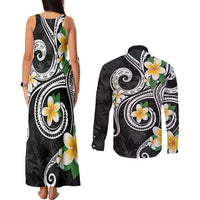 Kanaka Maoli Hawaii Plumeria Couples Matching Tank Maxi Dress and Long Sleeve Button Shirt Dancing Tentacles Black Style