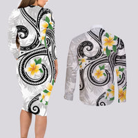Kanaka Maoli Hawaii Plumeria Couples Matching Long Sleeve Bodycon Dress and Long Sleeve Button Shirt Dancing Tentacles White Style