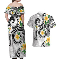 Kanaka Maoli Hawaii Plumeria Couples Matching Off Shoulder Maxi Dress and Hawaiian Shirt Dancing Tentacles White Style