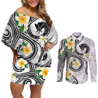 Kanaka Maoli Hawaii Plumeria Couples Matching Off Shoulder Short Dress and Long Sleeve Button Shirt Dancing Tentacles White Style LT7 White - Polynesian Pride