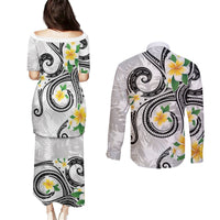 Kanaka Maoli Hawaii Plumeria Couples Matching Puletasi and Long Sleeve Button Shirt Dancing Tentacles White Style LT7 - Polynesian Pride