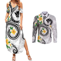Kanaka Maoli Hawaii Plumeria Couples Matching Summer Maxi Dress and Long Sleeve Button Shirt Dancing Tentacles White Style