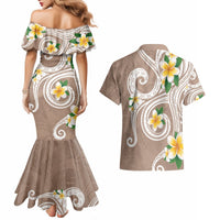 Kanaka Maoli Hawaii Plumeria Couples Matching Mermaid Dress and Hawaiian Shirt Dancing Tentacles Beige Style