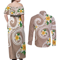 Kanaka Maoli Hawaii Plumeria Couples Matching Off Shoulder Maxi Dress and Long Sleeve Button Shirt Dancing Tentacles Beige Style