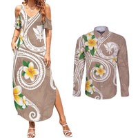 Kanaka Maoli Hawaii Plumeria Couples Matching Summer Maxi Dress and Long Sleeve Button Shirt Dancing Tentacles Beige Style LT7 Beige - Polynesian Pride