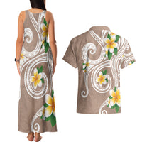 Kanaka Maoli Hawaii Plumeria Couples Matching Tank Maxi Dress and Hawaiian Shirt Dancing Tentacles Beige Style