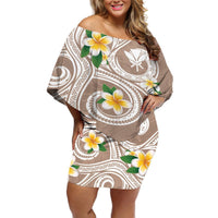 Kanaka Maoli Hawaii Plumeria Off Shoulder Short Dress Dancing Tentacles Beige Style LT7 Women Beige - Polynesian Pride