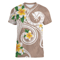 Kanaka Maoli Hawaii Plumeria Women V-Neck T-Shirt Dancing Tentacles Beige Style