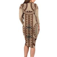 Bula Fiji Vintage Family Matching Long Sleeve Bodycon Dress and Hawaiian Shirt Brown Masi Motifs