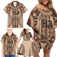 Bula Fiji Vintage Family Matching Off Shoulder Short Dress and Hawaiian Shirt Brown Masi Motifs