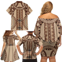 Bula Fiji Vintage Family Matching Off Shoulder Short Dress and Hawaiian Shirt Brown Masi Motifs