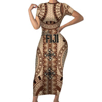 Bula Fiji Vintage Family Matching Short Sleeve Bodycon Dress and Hawaiian Shirt Brown Masi Motifs