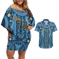Bula Fiji Vintage Couples Matching Off Shoulder Short Dress and Hawaiian Shirt Prussian Blue Masi Motifs
