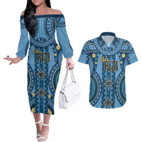 Bula Fiji Vintage Couples Matching Off The Shoulder Long Sleeve Dress and Hawaiian Shirt Prussian Blue Masi Motifs