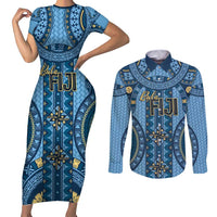 Bula Fiji Vintage Couples Matching Short Sleeve Bodycon Dress and Long Sleeve Button Shirt Prussian Blue Masi Motifs