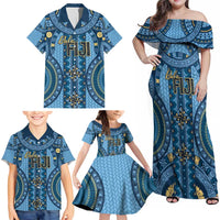 Bula Fiji Vintage Family Matching Off Shoulder Maxi Dress and Hawaiian Shirt Prussian Blue Masi Motifs