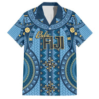 Bula Fiji Vintage Family Matching Off Shoulder Short Dress and Hawaiian Shirt Prussian Blue Masi Motifs