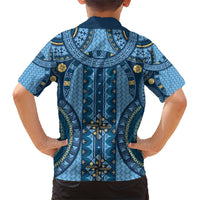 Bula Fiji Vintage Family Matching Short Sleeve Bodycon Dress and Hawaiian Shirt Prussian Blue Masi Motifs