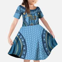 Bula Fiji Vintage Family Matching Short Sleeve Bodycon Dress and Hawaiian Shirt Prussian Blue Masi Motifs
