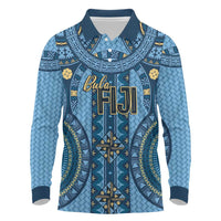 Bula Fiji Vintage Long Sleeve Polo Shirt Prussian Blue Masi Motifs