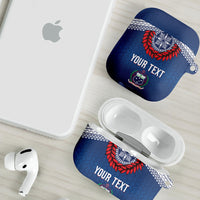 Manu Samoa Rugby Custom Navy Blue AirPods Case ʻIe Toga Pattern With Red Ula fala LT7 - Polynesian Pride