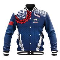 Manu Samoa Rugby Custom Navy Blue Baseball Jacket ʻIe Toga Pattern With Red Ula fala LT7 Unisex Navy Blue - Polynesian Pride