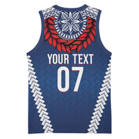 Manu Samoa Rugby Custom Navy Blue Basketball Jersey ʻIe Toga Pattern With Red Ula fala LT7 - Polynesian Pride