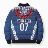 Manu Samoa Rugby Custom Navy Blue Bomber Puffer Jacket ʻIe Toga Pattern With Red Ula fala LT7 - Polynesian Pride