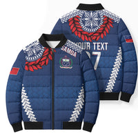 Manu Samoa Rugby Custom Navy Blue Bomber Puffer Jacket ʻIe Toga Pattern With Red Ula fala LT7 - Polynesian Pride