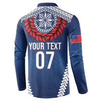 Manu Samoa Rugby Custom Navy Blue Button Sweatshirt ʻIe Toga Pattern With Red Ula fala LT7 - Polynesian Pride